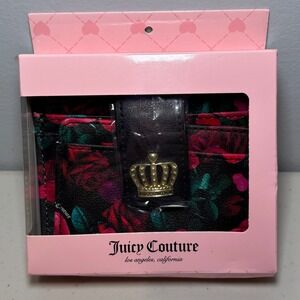 NIB Juicy Couture Black Roses Floral Wallet ID Card Case Tab‎ Purse Crown